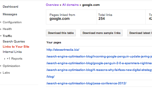 Backlink list in webmaster tools