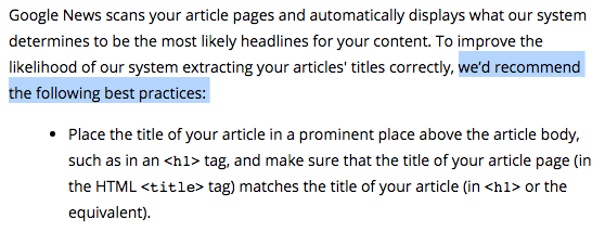 Google News Recommends Heading Tags