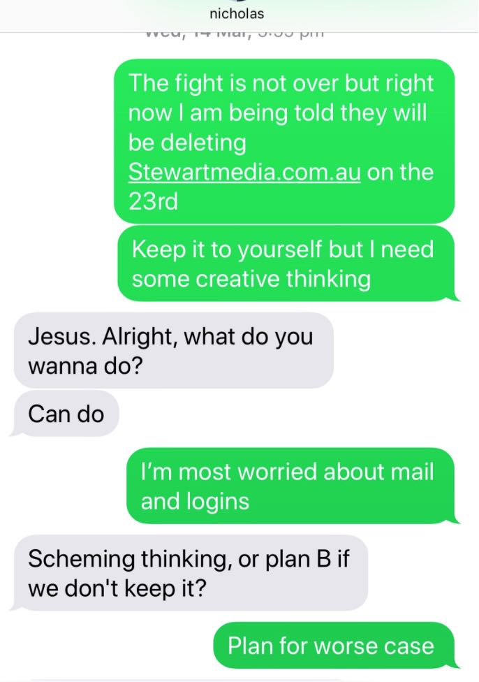 Texting Nick on the night I found out about the domain deletion by auDA